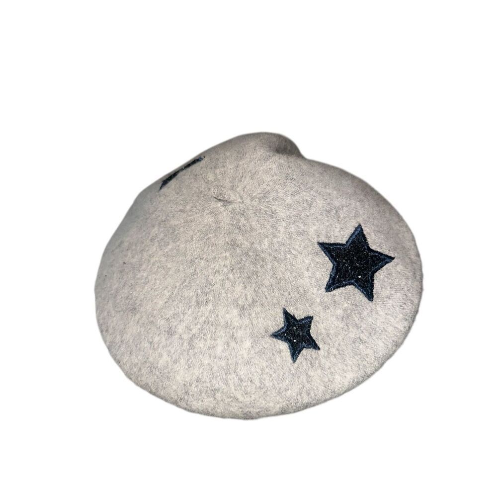 Nice Unique Gray Womens Hat Wool blend Beret blue Sequin Stars Soft-Felt-Feel Go